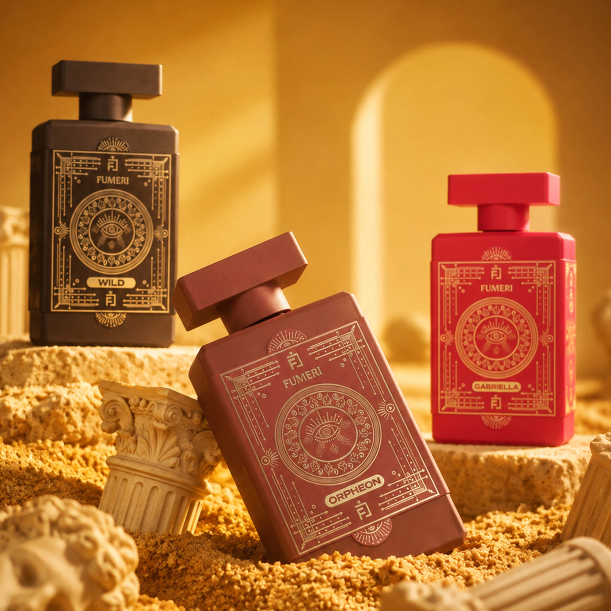 Fumeri Angel perfume in a midnight and gold setting